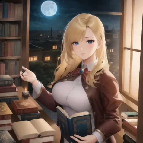 masterpiece, realistic anime style, art by Artgerm, Charlie Bowater, hot blonde magician in mystical library full of amazing colorful books of all kinds, each book looking unique, candles, wooden desk, wooden door, lovely view through window, night sky, beautiful moon.
4k, pixiv trending
