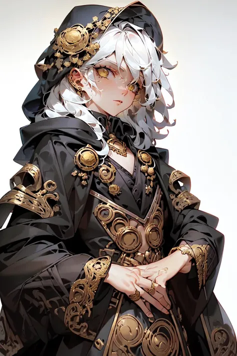 (best quality:1.2), oversized hood, hooded cloak, hood up, (a black cloak decorated with gold, golden ornament:1.2), (white hair:1.1), yellow eyes, solo, eyelashes, eyeliner, (flat chest:1.2), (Gold Embroidery, intricate detail:1.1), (cowboy shot:1.1),<lora:nj5_v10:1>