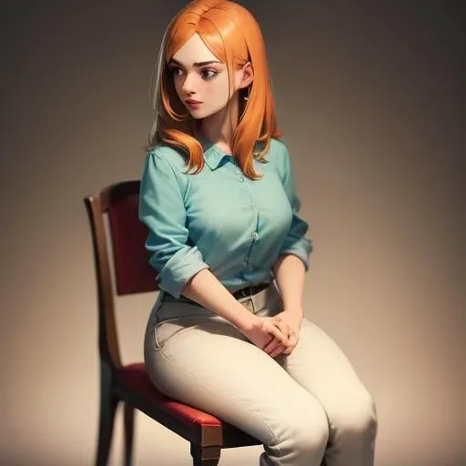 ((masterpiece, best quality)),(complex light), 1girl ,solo, Lois Griffin, <lora:loisGriffin_v10:.6>,  (sitting on chair: 1) , simple background,