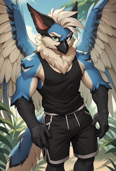 <lora:rane_fluffkevlar_ponyXL_v1.2_0.99:1> rane, 1boy, solo, furry, wings, tail, beak, white eyebrows, green eyes, white hair, black shorts, black tank top