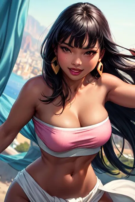 <lora:chel-10:0.7> chel, 1girl, solo, long hair, breasts, looking at viewer, smile, bangs, black hair, cleavage, bare shoulders, brown eyes, jewelry, earrings, midriff, dark skin, blunt bangs, bracelet, dark-skinned female, crop top, strapless, makeup, pelvic curtain, tube top, loincloth (masterpiece:1.2), (best quality), (ultra detailed), (8k, 4k, intricate),highly detailed:1.2),(detailed face:1.2), (detailed background),detailed landscape, (dynamic angle:1.2), (dynamic pose:1.2), <lora:more_details:0.5>