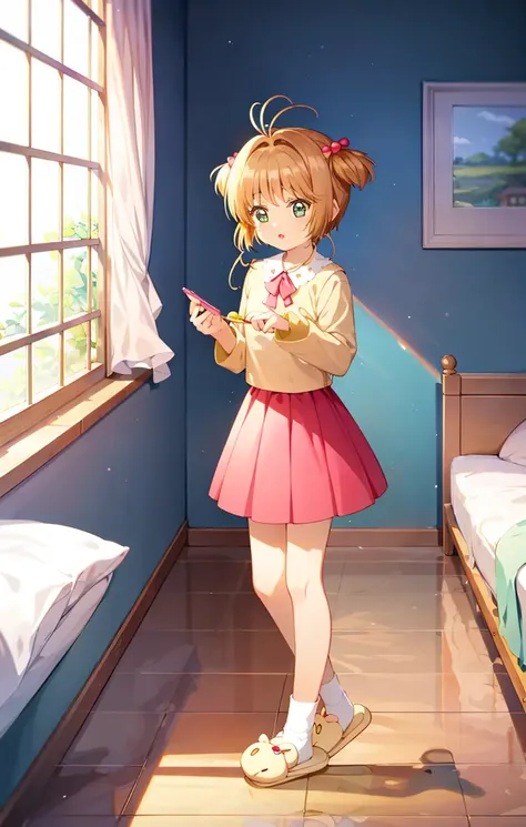 <lora:kinomoto_sakura_mixed_v2_64-000004:1.0>, masterpiece, best quality, 1girl, solo, kinomoto sakura, skirt, slippers, socks, bedroom, indoors, full body, two side up,