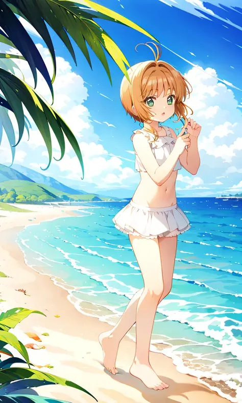<lora:kinomoto_sakura_mixed_v2_64-000004:1.0>, masterpiece, best quality, 1girl, solo, kinomoto sakura, (swimsuit:1.0), frills, beach, ocean, outdoors, full body, no shoes,