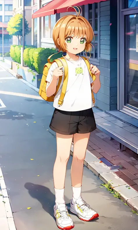 <lora:kinomoto_sakura_mixed_v2_64-000004:1.0>, masterpiece, best quality,  1girl, solo, kinomoto sakura, full body, smile, shorts, socks, sneakers, backpack, street, (female child:1.0)