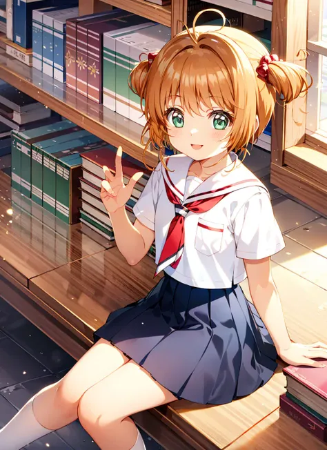 <lora:kinomoto_sakura_mixed_v2_64-000004:1.0>, masterpiece, best quality,  1girl, solo, kinomoto sakura, pleated skirt, shirt, indoors, library, tomoeda elementary school uniform, two side up, smile, shy,