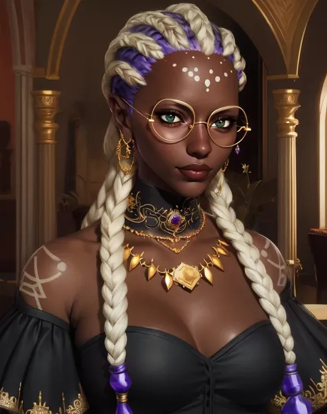 high quality, galactic looking girl, dark space skin filled with stars, gold eyes, iron crown with blue gem, four arms, SERIOUS LOOK, without bodily features, unclothed, Medium Chest, golden chains around him, White hair,