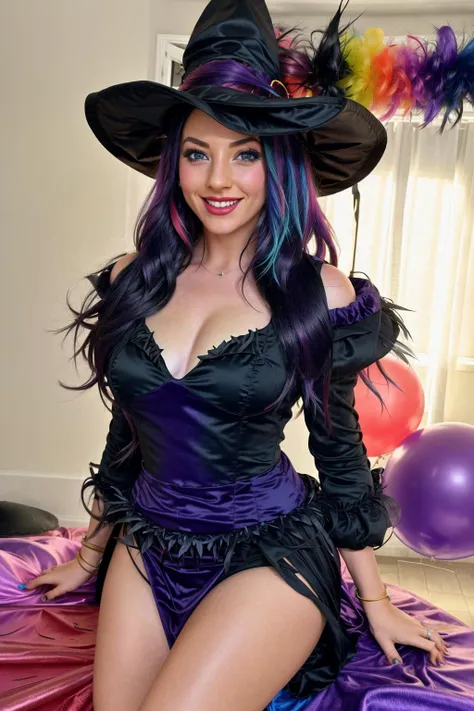 A young girl with hair In purple color small breasts pubic hair, an erotic expression on her face, A black cape, star-shaped stickers stuck to her nipples, details high quality 4k warm colors 8k texture, Wearing a white cape, Wearing stockings squeezing the thighs,
