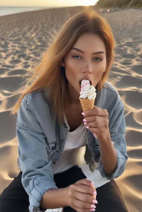 fashion model woman eating an icecream outside, at beach <lora:woman_bj_xl_lora-000030:1>, hi detail, sharp focus, perfect lighting, awesome, dslr, 4k high quality. extra detail, extra sharp, magical, perfect moment, natural skin, pores