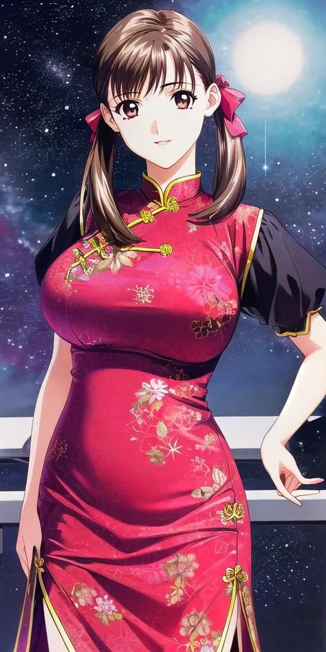 <lora:AyanaV4:.7> fujisawa_ayana, huge_breasts, standing, solo, starry_sky, china_dress,, masterpiece, best_quality, detailed_face, detailed_eyes, highres, beautiful, detailed, absurdres,