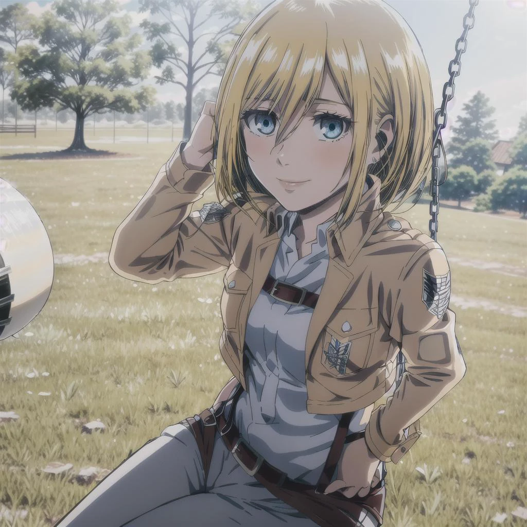 1girl, solo, christa renz, smile, hair between eyes, blue eyes, blonde hair, jacket, medium hair, on swing, on Playground, gras and few trees in background, <lora:Christa Renz Historia Reiss - Shingeki No Kyojin:1> <lora:aot_style:0.5>