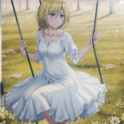 1girl, solo, christa renz, smile, hair between eyes, blue eyes, blonde hair, white summer dress,, medium hair, on swing, on Playground, gras and few trees in background, <lora:Christa Renz Historia Reiss - Shingeki No Kyojin:1> <lora:aot_style:0.5>