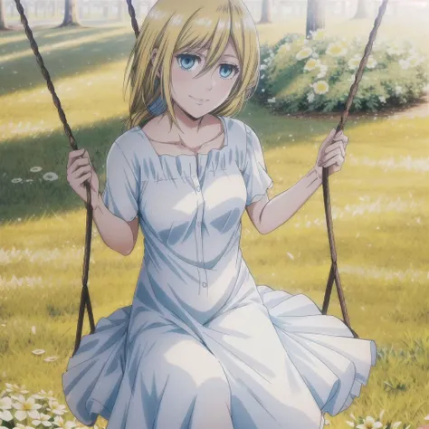 1girl, solo, christa renz, smile, hair between eyes, blue eyes, blonde hair, white summer dress,, medium hair, on swing, on Playground, gras and few trees in background, <lora:Christa Renz Historia Reiss - Shingeki No Kyojin:1> <lora:aot_style:0.5>