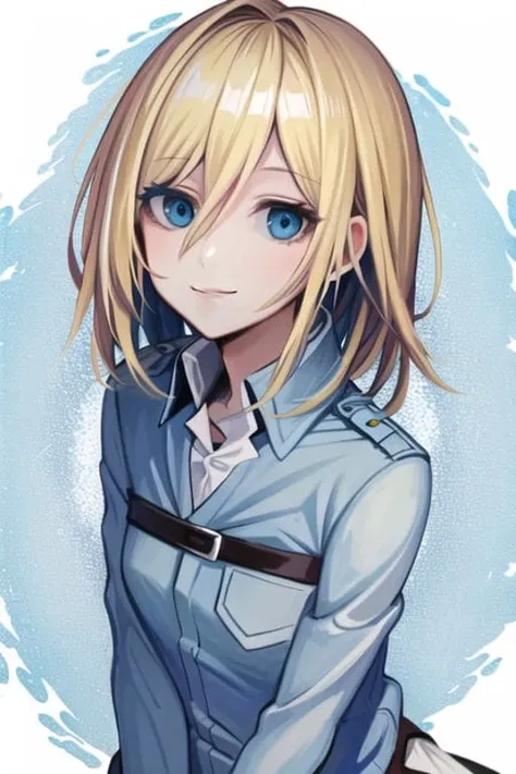 <lora:ChristaAOT:1>, ChristiaAOT, 1girl, solo, christa renz, smile, hair between eyes, blue eyes, blonde hair,