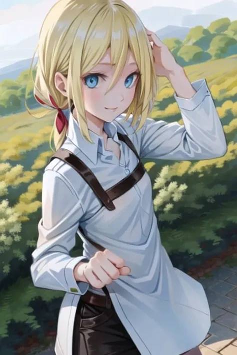 <lora:ChristaAOT:1>, 1girl, solo, christa renz, smile, hair between eyes, blue eyes, blonde hair, ponytails,
