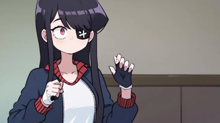 komi shouko, 1girl, solo, no mouth, no nose, big eyes, flustered, shirt, gloves, collarbone, jacket, constricted iris and pupils, white shirt, black gloves, pants, indoors, hand up, fingerless gloves, bandages, eyepatch, jacket on shoulders, white tracksuit with red stripes, upper body, (profiles:0.4) , <lora:komi_shouko:0.7>