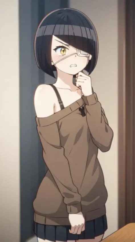 nakanaka_omoharu, 1girl, solo, constricted pupils, clenched teeth, frown, skirt, medium breasts, thighhighs, long sleeves, bare shoulders, upper body, cleavage, pleated skirt, black thighhighs, indoors, miniskirt, black skirt, off shoulder, brown sweater, zettai ryouiki, sleeves past wrists, eyepatch, hand on face, bandaged hand, <lora:Nakanaka2:1>, nsfw
