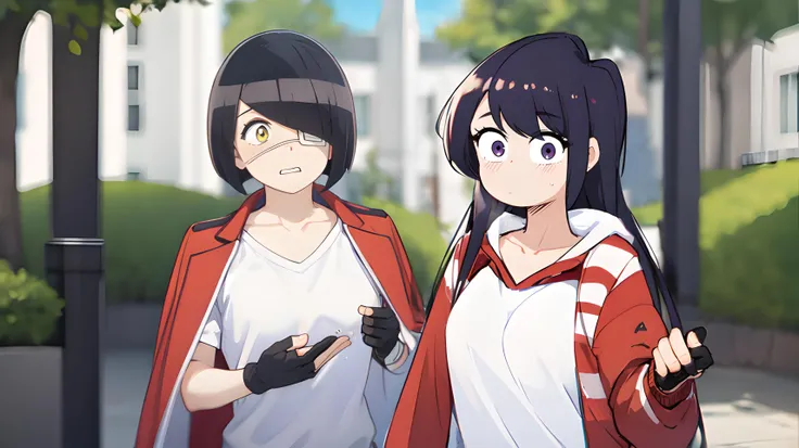 komi shouko, face, 1girl, solo, shirt, dark purple hair, long hair, hair swept aside, medium breasts, gloves, collarbone, jacket, big eyes, (no mouth, no nose:1.4), blush, flustered, panic, white shirt, black gloves, pants, outdoors fantasy land, dragons, hand up, fingerless gloves, bandages, eyepatch, jacket on shoulders, white tracksuit with red stripes, upper body, (profiles:0.4) , blurry, <lora:komi_shouko:0.7>