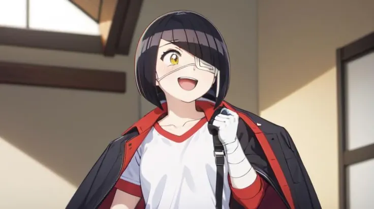 nakanaka_omoharu, 1girl, solo, smile, open mouth, shirt, gloves, collarbone, jacket, constricted iris and pupils, white shirt, :d, black gloves, pants, indoors, hand up, fingerless gloves, bandages, eyepatch, jacket on shoulders, white tracksuit with red stripes, upper body, (profiles:0.4) , <lora:Nakanaka2:1>
