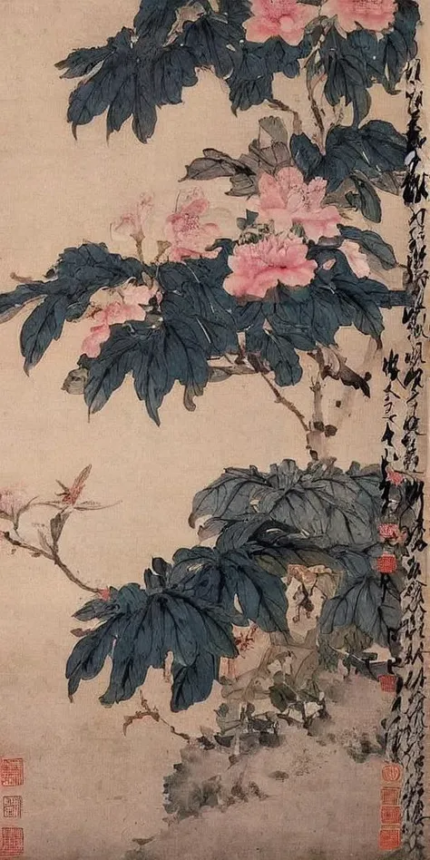 1LinNan,Chinese, flowers, birds, leaves, ink, rice paper, plant details, veins, plant texture, layering, delicate, clear, more details,