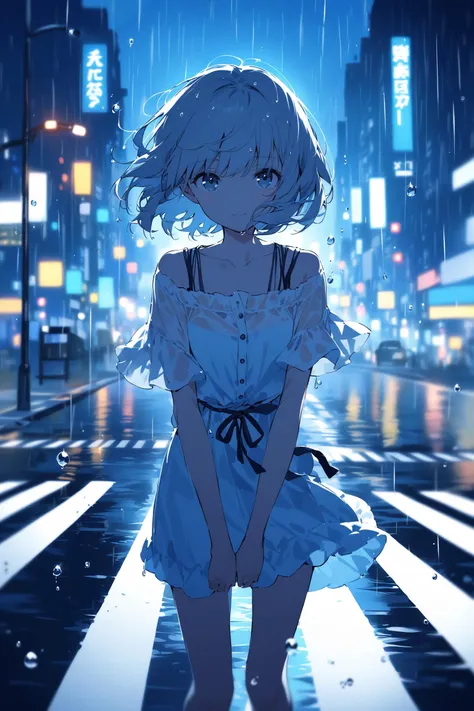 blue theme,cute 1girl, silver short hair, rainy, blurry citylights, pedestrian crossing, summer outfit, melancholy face, water drop,wind,straight-on,looking at viewer,(depth of field:1.2),(foreshortening)