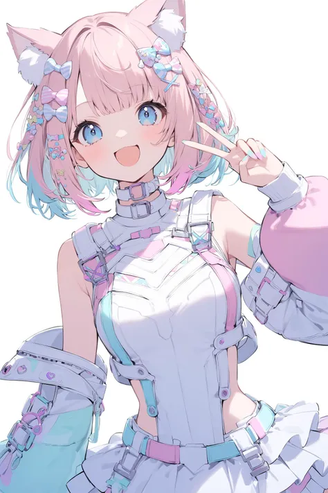 pastel colors theme, cute 1girl,blue eyes, pink bob cut,cat ears,  open mouth smile, head tilt, upper body, fashionable, futuristic outfit,decora futuristic fashion, (white background:1.2), cowboy shot, choker,v on head