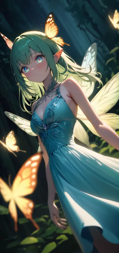 (Masterpiece:0.9), best quality, (illustration, very aesthetic:0.95), (ultra detailed), intricate details, solo, 1 girl, dynamic angle, detailed eyes, flower fairy, butterfly wing, Decorative cocktail dresses, (cinematic lighting, depth of field), Streams in the forest, absurd, [(white background:1.2)::0.2], (Natural background:1.2), <lora:Anime Enhancer XL V2:1.4>