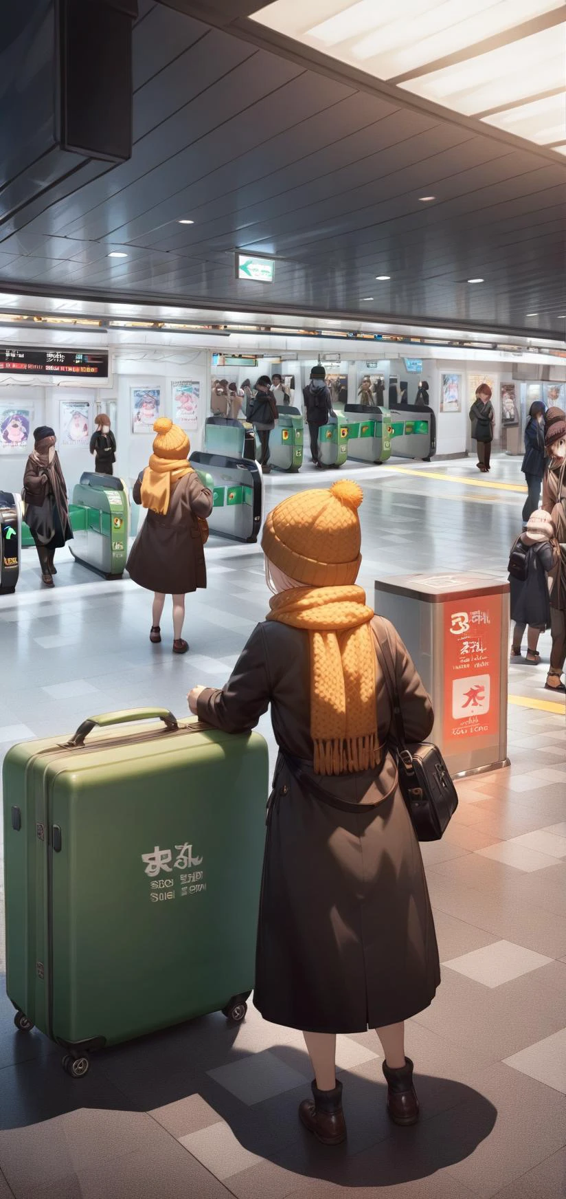 (Masterpiece:0.9), best quality, (illustration, very aesthetic:0.95), (ultra detailed), intricate details, (solo, 1 girl), cinematic angle, Kawaii Anime character, (Look of surprise), detailed eyes, (blush, detailed face:0.8), woollen scarf, Winter clothing, knitted hat, Suitcase, (shinjuku station), scenery, indoors, cinematic lighting, absurd, hyperrealistic, <lora:shinjuku_higashiguchi_SDXL_V1:1.0> <lora:Anime Enhancer XL V2:0.8> <lora:sdxl2-flat2-512b:-0.75> <lora:cns2i2de878c73fo5mug:0.85>