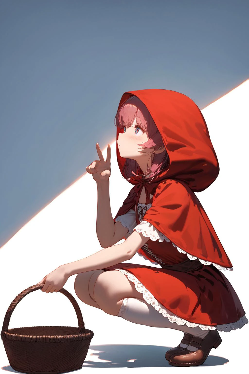 (Masterpiece:0.9), best quality, (illustration, very aesthetic:0.95), (ultra detailed), intricate details, solo, Kawaii girl, from side, detailed eyes, looking afar, shut up, squatting, Little Red Riding Hood, Tunic, handbasket, (cinematic lighting, rim light), absurd, (white background:1.4), <lora:sdxl2-flat2-512b:-0.75> <lora:cns2i2de878c73fo5mug:1>