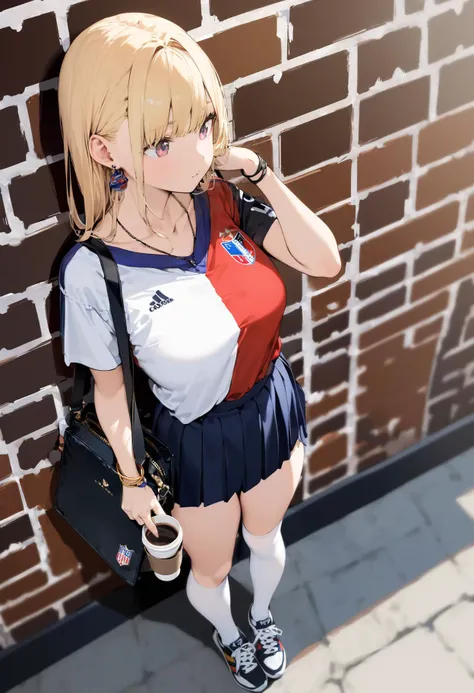 masterpiece,best quality,absurdres,depth of field,cute 1girl,earrings,necklace,bangle,blonde hair,perfect body,(multiple_colors football shirts),navy pleated skirt,(white kneehighs),(black classic sneakers),a luxury brand shoulder bag,put a bag on her shoulder,holding to-go coffee cup.,(stand against the brick wall),full body,thinking,looking_afar,dynamic_angle,contour_deepening,<lora:Perfect Hands:1.2>,