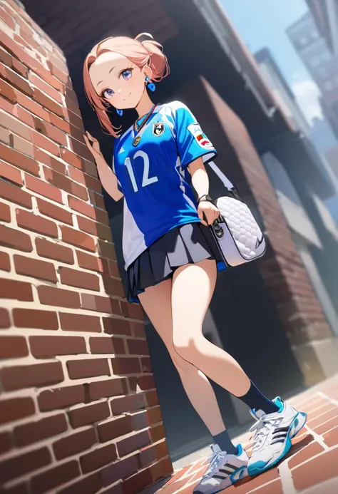 1girl,earrings,half updo,forehead,necklace,looking side,smile,black pleated skirt,socks,sneakers,oversized vivid colur soccer jersey,a luxury brand shoulder bag,stand against the brick wall,dynamic_angle,contour_deepening,depth of field,masterpiece,best quality,