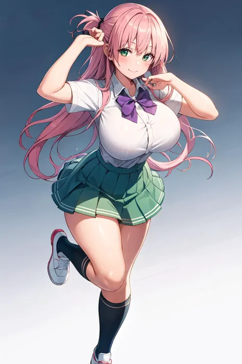 masterpiece, best quality, 1girl, solo, long hair, breasts, looking at viewer, blush, smile, bangs, skirt, large breasts, simple background, shirt, white background, bow, closed mouth, school uniform, green eyes, standing, full body, white shirt, pink hair, short sleeves, pleated skirt, shoes, socks, collared shirt, miniskirt, bowtie, huge breasts, arm up, gradient, kneehighs, gradient background, white footwear, standing on one leg, green skirt, black socks, purple bow, shirt tucked in, uwabaki, purple bowtie, tented shirt <lora:Kino-Konomi-Style_1144880:1>