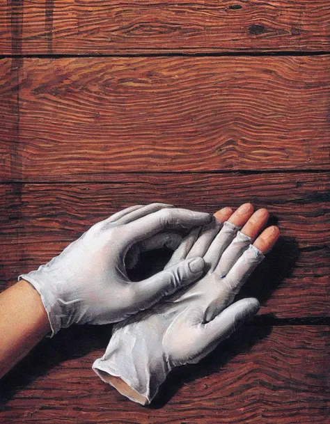 <lora:surr:0.8>surr, gloves with human fingers for the tips of the glove, wood background, paper on ground, half glove half human hand
