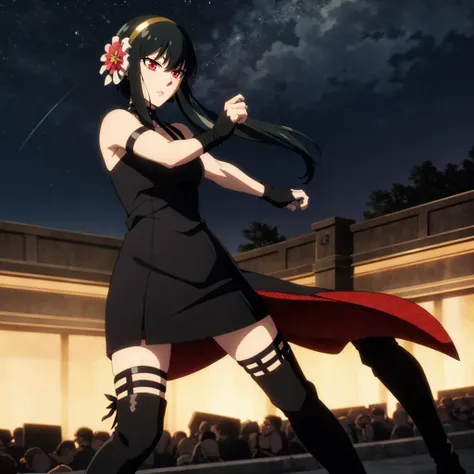<lora:YorForger001:0.7>,looking at viewer,solo,
YorForger,1girl,
short hair with long locks,
gold hairband,hair flower,
black choker,
black dress,sleeveless,off shoulder,
fingerless gloves,
black footwear,thigh high heel boots,
holding dagger,
indoor,indirect lighting,corridor,fighting_stance,