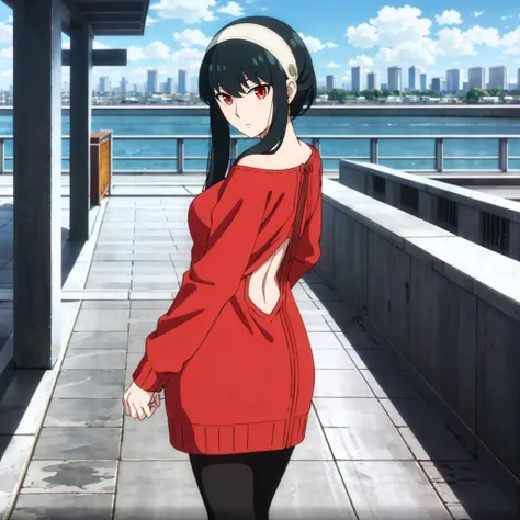 <lora:YorForger001:0.7>,looking at viewer,solo,
YorForger,1girl,
black hair,short hair with long locks,
white hairband,
off shoulder,red sweater,costume cutouts,back,
black pantyhose,
boots,
city,natural light,outdoors,
looking back,