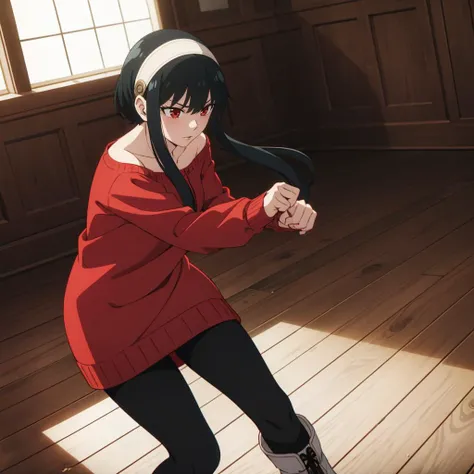 <lora:YorForgerXLpony004>,
looking at viewer,
solo,
YorForger,1girl,black hair,red eyes,short hair with long locks,
white hairband,
off shoulder,red sweater,
black pantyhose,
boots,
standing,
motion_blur,motion line,speed_lines,sweater skirt,kicking,high_kick,stretched legs,looking back,