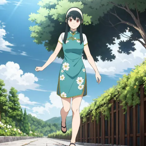 <lora:YorForger001:0.7>,looking at viewer,smile,
YorForger,1girl,
short hair with long locks,
white hairband,
full body,
nature,natural light,blue sky,
print_cheongsam,