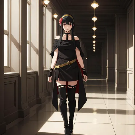 <lora:YorForger001:0.5>,looking at viewer,solo,
YorForger,1girl,
short hair with long locks,
gold hairband,hair flower,
black choker,
black dress,sleeveless,off shoulder,
fingerless gloves,
waist_cape,
black footwear,thigh high heel boots,
full body,walking,
indoor,indirect lighting,corridor,