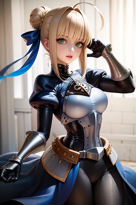 skistyle, 
1girl, solo, blonde hair, armor, gauntlets, ahoge, green eyes, armored dress, ribbon, puffy sleeves, dress, braid, hair ribbon, looking at viewer, weapon, long sleeves, juliet sleeves, sword, blue ribbon, lips, sidelocks, hair bun, hand on hilt, excalibur (fate/stay night), breastplate, bangs