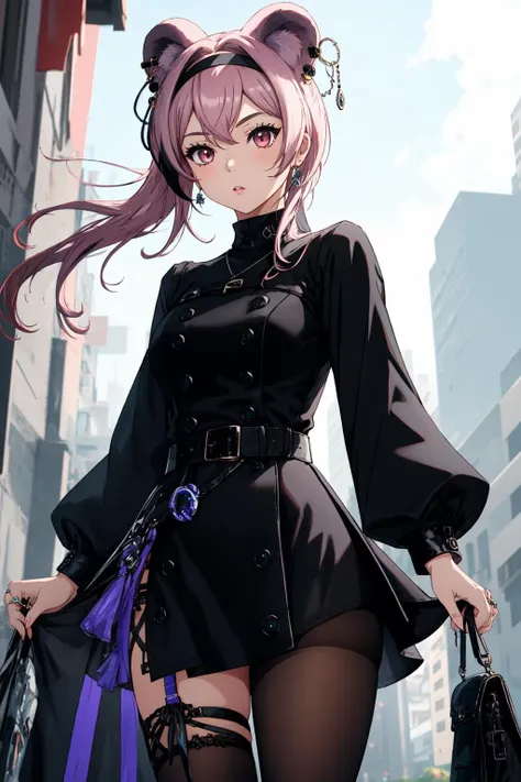 1girl, l1n, long sleeves, black dress, buttons, ring, black hairband, belt, thigh strap, black pantyhose, jewelry, black boots, <lora:LinMultiCostumeAK_616916:1>,