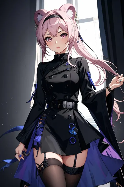 1girl, l1n, long sleeves, black dress, buttons, ring, black hairband, belt, thigh strap, black pantyhose, jewelry, black boots, <lora:LinMultiCostumeAK_616916:1>,