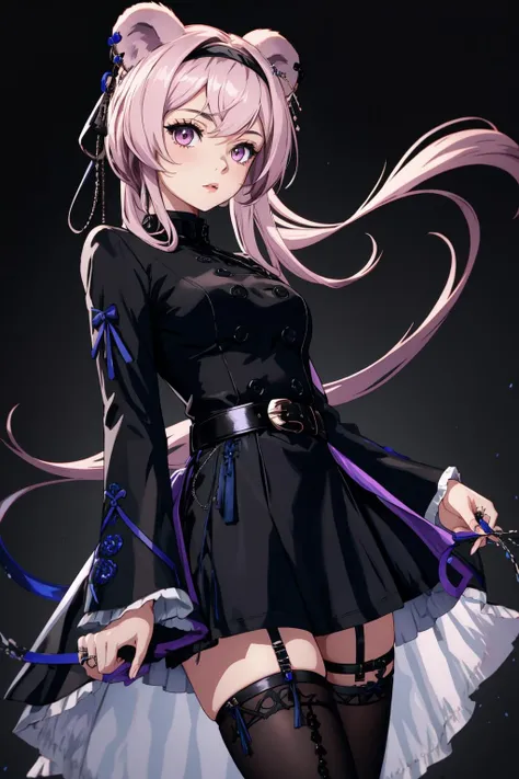 1girl, l1n, long sleeves, black dress, buttons, ring, black hairband, belt, thigh strap, black pantyhose, jewelry, black boots, <lora:LinMultiCostumeAK_616916:1>,