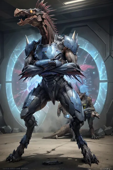 kig-yar, no humans, claws, science fiction, solo, alien,solo focus,looking at viewer, teeth, simple background, sharp teeth, armor, robot, yellow eyes,dinosaur,(suit:1.2), crossed arms,ballroom,   <lora:jackal-000008:0.75>