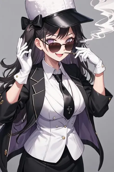 best quality, masterpiece, highres, solo, {black business suit:1.40}, {tie:1.20}, {sunglasses:1.25}, {white gloves:1.15}, {white shirt:1.10}, {black skirt:1.15}, {smoking:1.20}, handsome, {tokitsukaze_kantaicollection:1.15}, black_hair, short_hair_with_long_locks, hat, mini_hat, multicolored_hair, short_hair, gradient_hair, brown_eyes, smile, blush, sidelocks, open_mouth, hairband, anchor