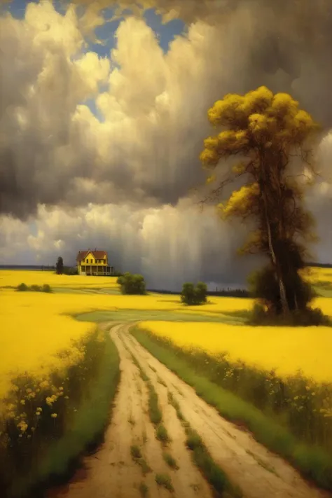 <lora:Worthington Whittredge Style:1>Worthington Whittredge Style - a winding road through a field of yellow flowers. There are tall trees and a house far far aways. Dramatic clouds. Painted