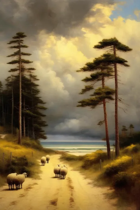 <lora:Worthington Whittredge Style:1>Worthington Whittredge Style - a man is walking his sheeps on a winding road leading to the beach. Full of pine trees. Dramatic Cloud. Yellow dominant. Painted