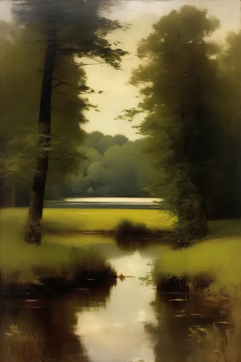 <lora:Worthington Whittredge Style:1>Worthington Whittredge Style - oil painting of a beautiful calm landscape in summer in the netherlands. A lake. Woods. Muted colors. Artwork by Abbott Handerson Thayer.