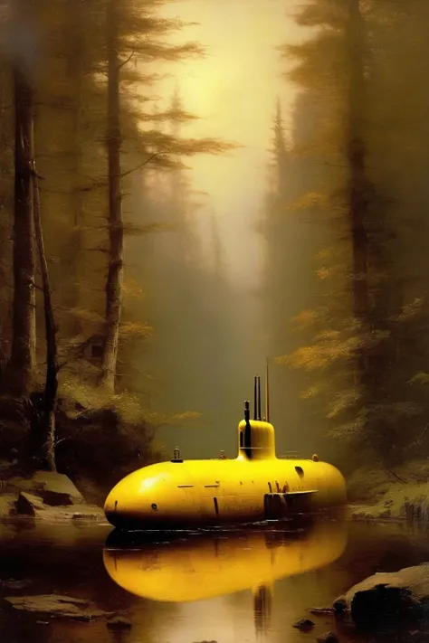 <lora:Worthington Whittredge Style:1>Worthington Whittredge Style - Generate an image of a 'Yellow Submarine' in the style of Worthington Whittredge. The artwork should capture Whittredge's naturalistic style, with particular emphasis on the careful rendering of light and atmospheric effects. The submarine should be depicted in a tranquil landscape, embodying the sense of peace and quietude found in Whittredge's work.