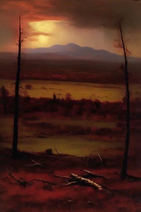 <lora:Worthington Whittredge Style:1>Worthington Whittredge Style - George inness frederic church romanticism tonalism field distant mountains dead trees muted moody desaturated