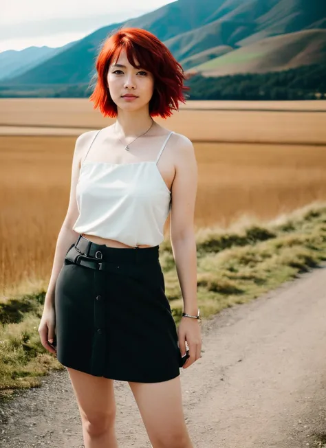 fullbody photo of skswoman, sick, short red hair, a rebellion against aI overlords, panoramic landscape, analog style (look at viewer:1.2) (skin texture), Fujifilm XT3, DSLR, 50mm,