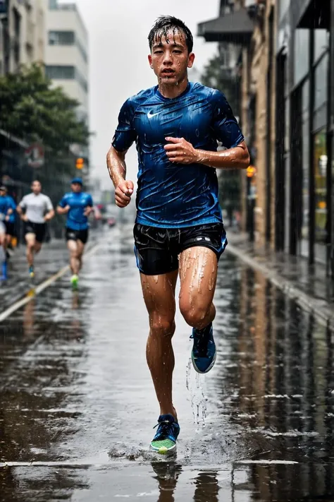 masterpiece, best quality, 1boy, athletic twunk, running on sidewalk, sport shorts, trainers, t-shirt, wet, wet clothes, rain, realistic, dramatic lighting, atmospheric, intricate detail, ((street background)),